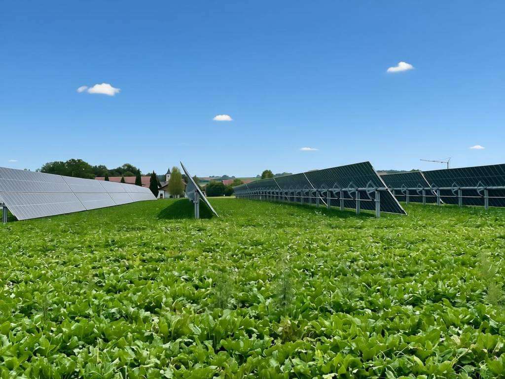 Agri-PV-Anlage mit Trackern über einem bewirtschafteten Rübenfeld